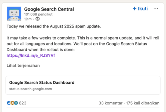 Google Releases August 2025 spam update: Apa yang Perlu Diketahui Pemilik Situs? Google August 2025 Spam Update