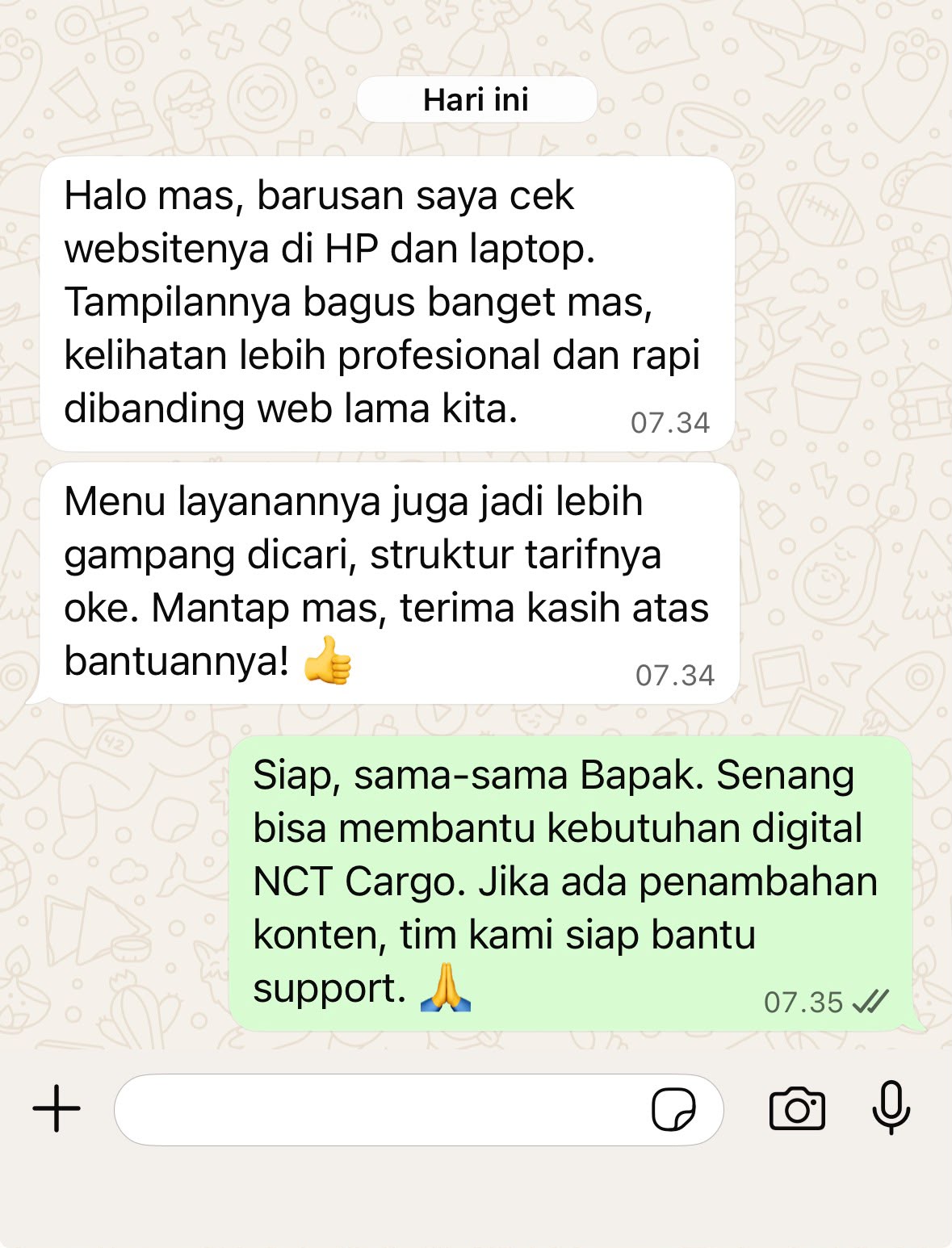 Jasa Pembuatan Website Logistics Surabaya, Portfolio NCT Surabaya Screenshot testimoni WhatsApp klien untuk project website NCT Cargo Surabaya