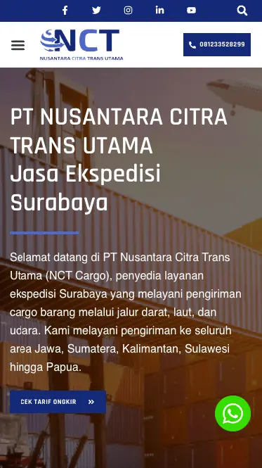 Jasa Pembuatan Website Logistics Surabaya, Portfolio NCT Surabaya Screenshot responsive mobile NCT Cargo Surabaya