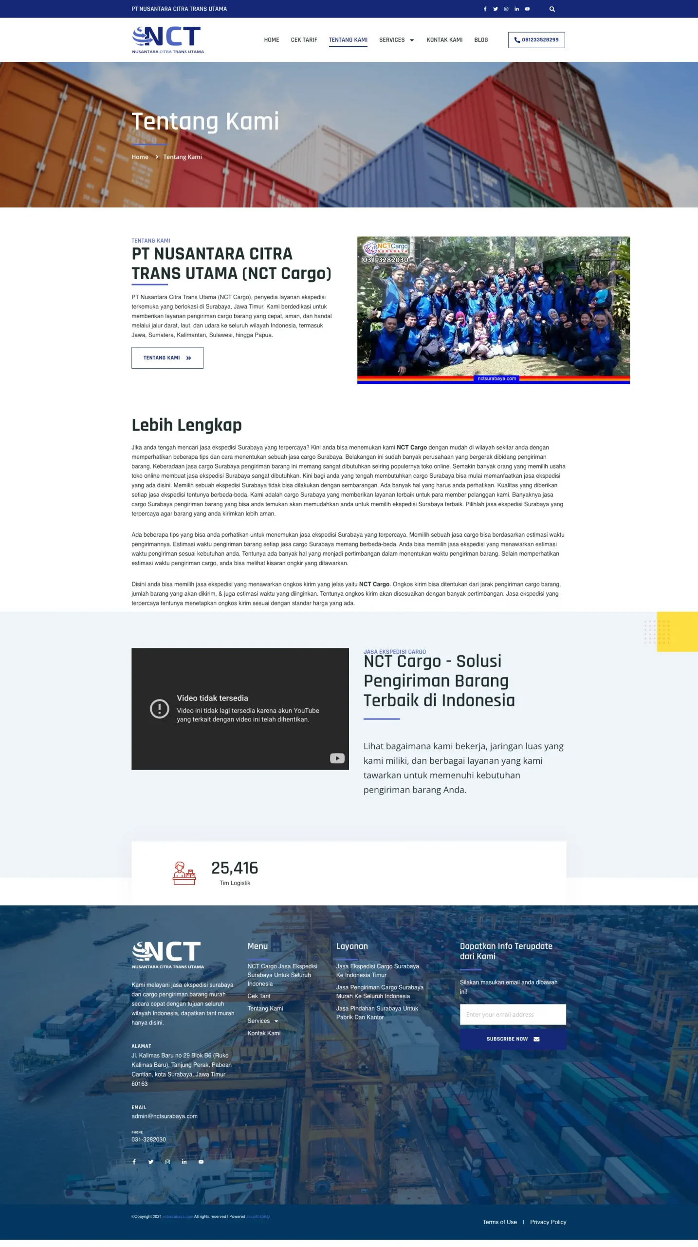 Jasa Pembuatan Website Logistics Surabaya, Portfolio NCT Surabaya Screenshot halaman Tentang Kami NCT Cargo Surabaya